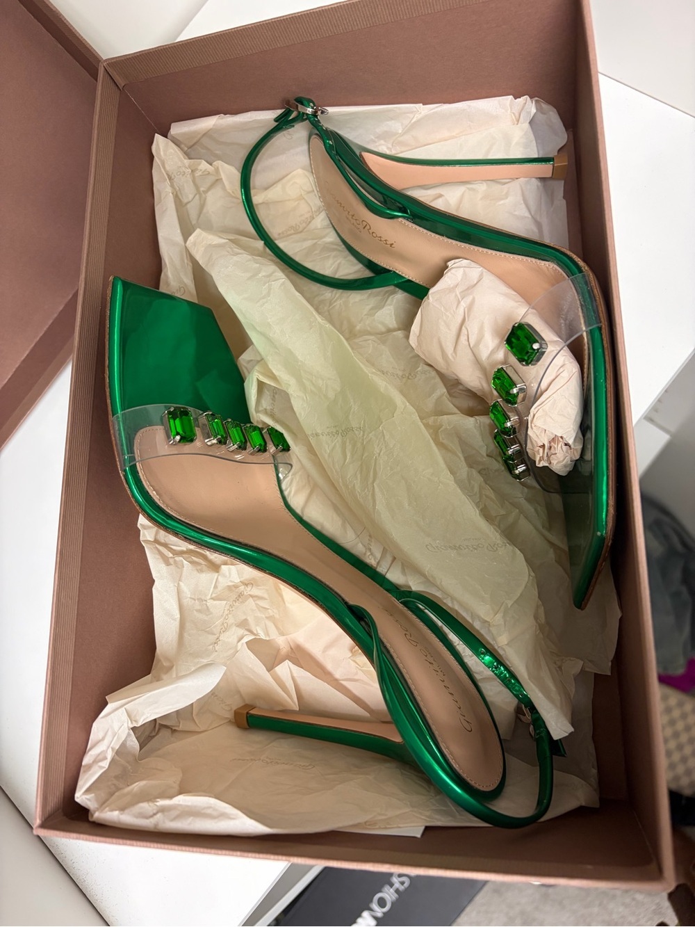 Gianvito Rossi Metallic Green Slingback Heels with Green Crystal Accents - Picture 7 of 8